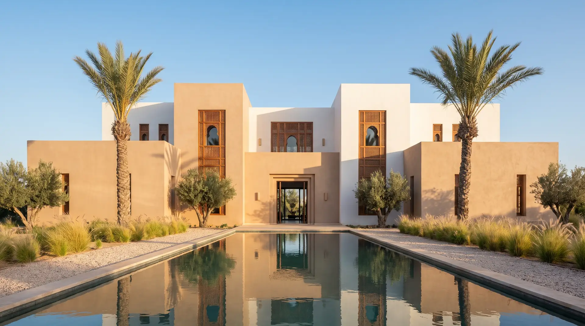 Villa contemporaine aux murs couleur sable, moucharabiehs en cèdre, palmiers et bassin