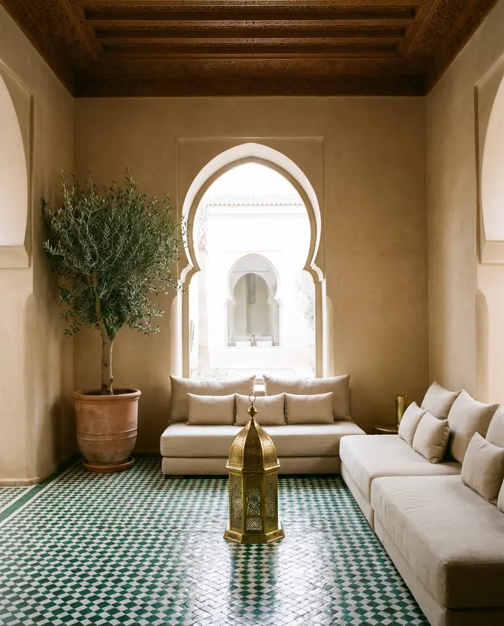 Salon marocain : zellige, tadelakt et plafond en cèdre